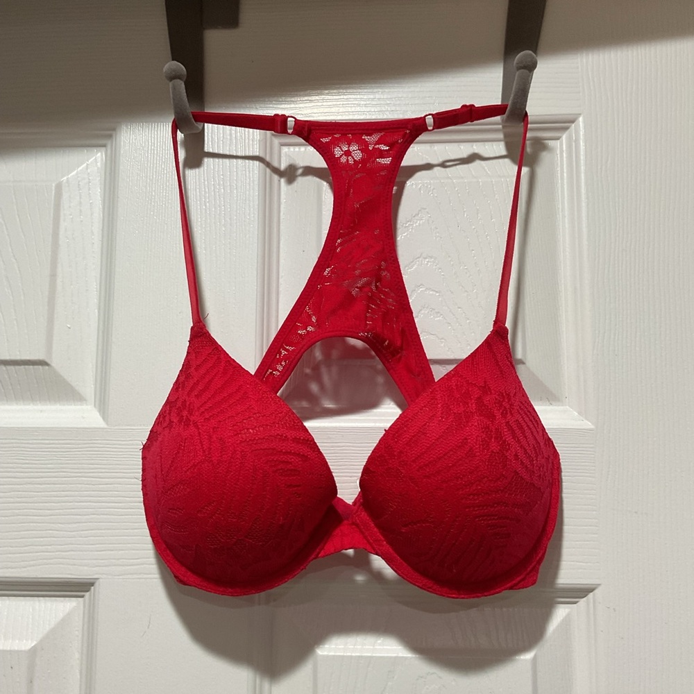 PINK Victoria's Secret Bold Red Lace Pink Lining Racerback Padded Bra